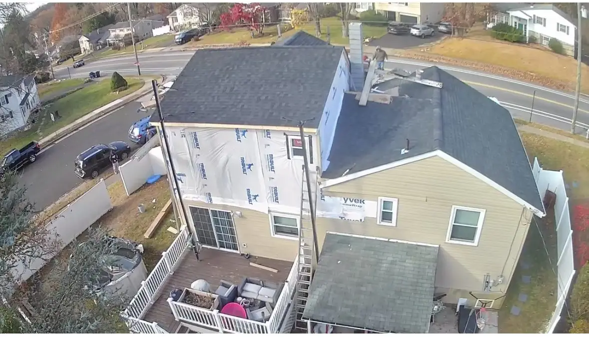 Aerial view of the new third story in Abington, PA, sheathed and wrapped