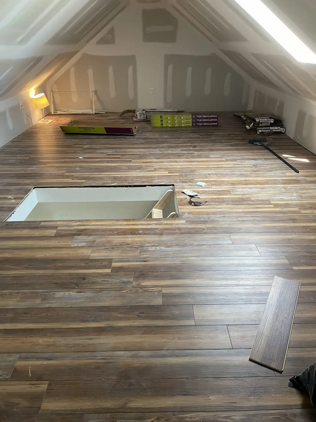 Hardwood flooring going down in the finished attic in Wyndmoor, PA